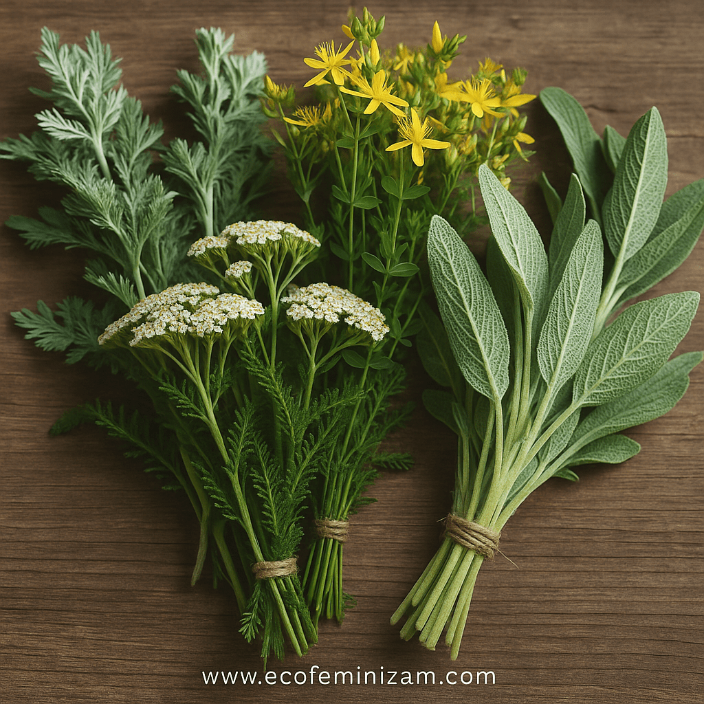 Zbirka zaboravljenih lekovitih biljaka Srbije raspoređenih na starom drvenom stolu, okružena mahovinom i mekim šumskim svetlom, u rustičnom i prirodnom ambijentu, sa diskretnim natpisom „www.ecofeminizam.com“ u donjem delu fotografije.