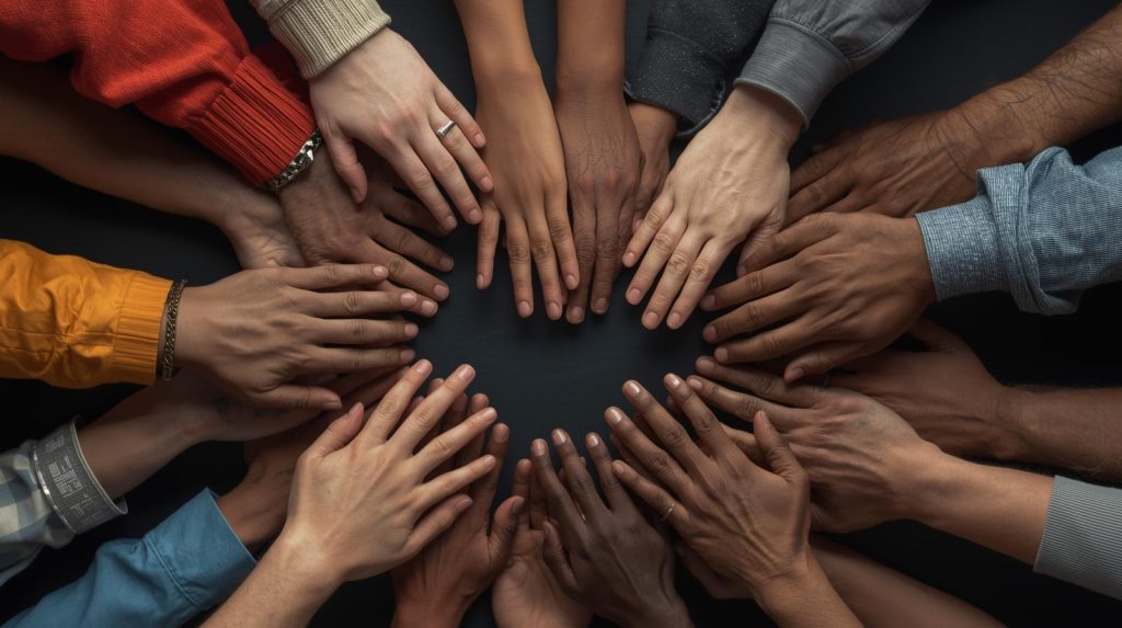 Krug ruku različitih boja kože u znak solidarnosti i podrške borbi protiv nasilja.