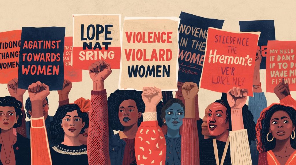lustracija žena koje protestuju držeći natpise protiv nasilja i femicida, različiti jezici.