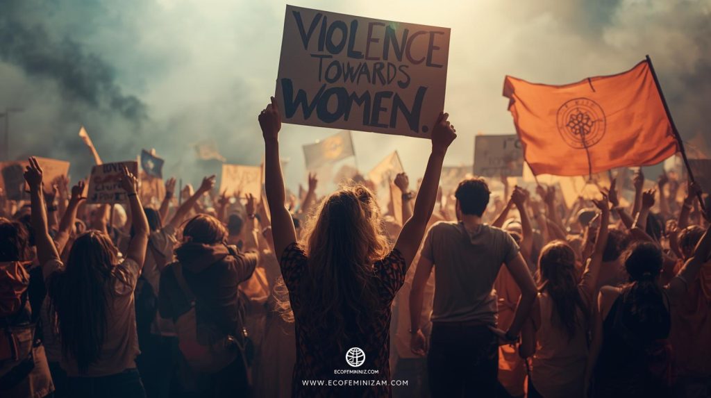 Protest, žena drži transparent: "Violence Towards Women". Borba protiv nasilja i ekofeminizam.