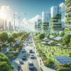 Panoramski prikaz urbanog bulevara u ekološki osvešćenom gradu. U pozadini su visoki neboderi sa vertikalnim baštama. Ulica je okružena parkovima, solarnim panelima i vetroturbinama. Ljudi šetaju i automobili voze bulevarom.