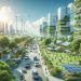 Panoramski prikaz urbanog bulevara u ekološki osvešćenom gradu. U pozadini su visoki neboderi sa vertikalnim baštama. Ulica je okružena parkovima, solarnim panelima i vetroturbinama. Ljudi šetaju i automobili voze bulevarom.