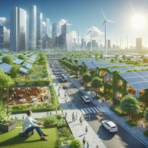 Prikaz futurističkog, ekološki prihvatljivog grada. Visoki neboderi u pozadini, a u prvom planu stambene zgrade i poslovni objekti sa zelenim krovovima, fasadama prekrivenim bršljanom i solarnim panelima. Vetroturbine se vide između zgrada. Ljudi šetaju trotoarima i sedaju na travi pored ulice.