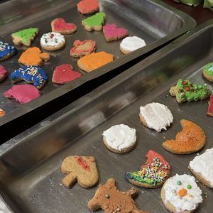 Dva metalna pleha puna šarenih medenjaka u oblicima srca, jelki i zvezda, ukrašenih mrvicama i glazurom.