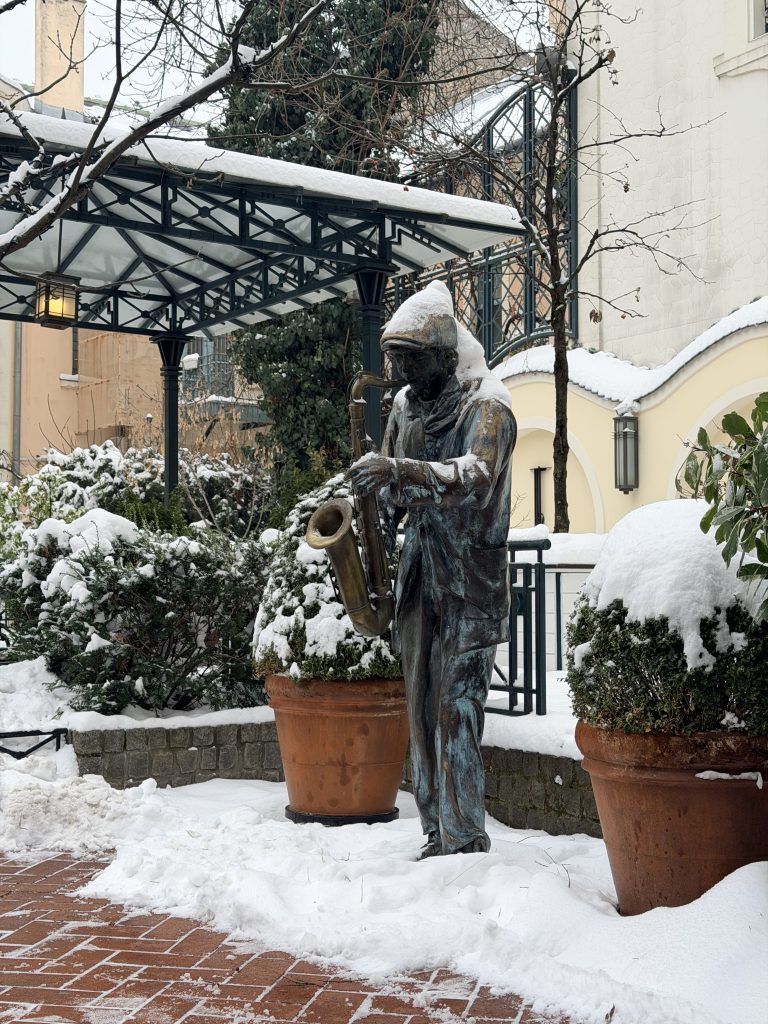 Subotica sneg Matije Korvina, statua saksofoniste Subotica, zima u Subotici centar.