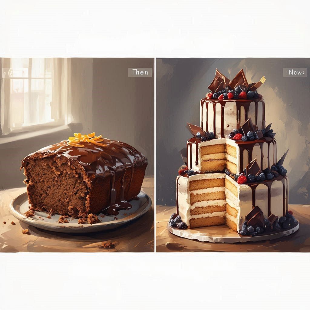 Čokoladni kolač nekad i sad. Generisano sa AI