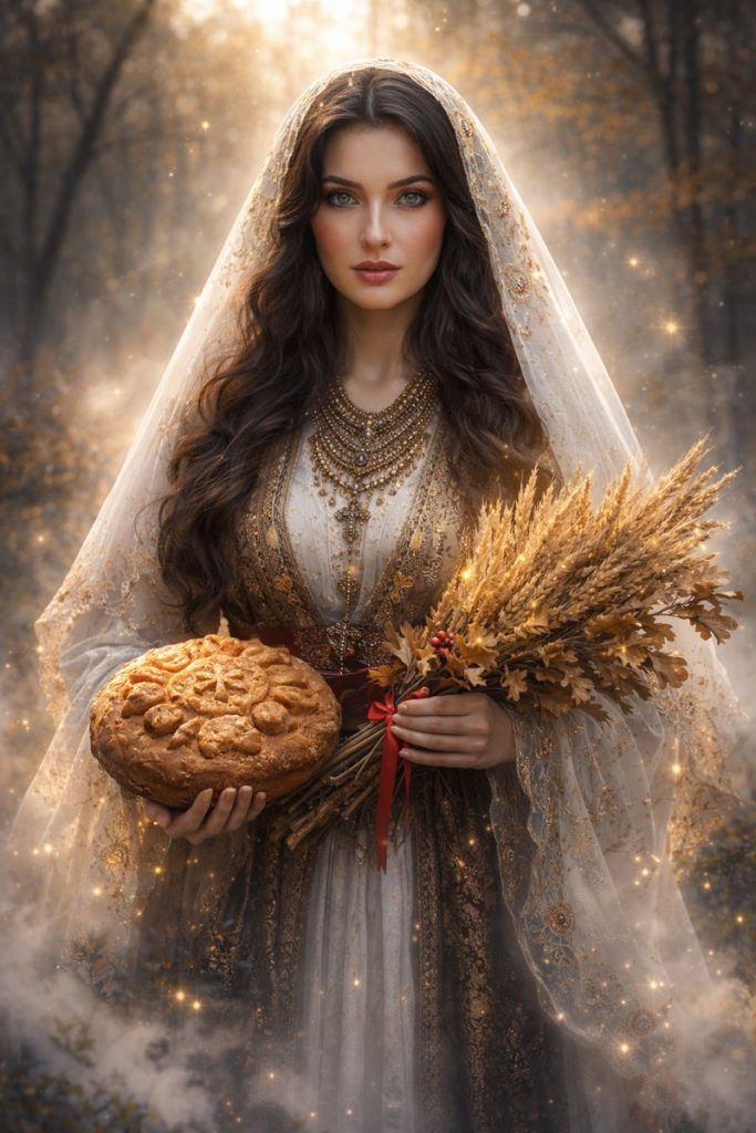 AI generisana ilustracija devojke u bogatoj tradicionalnoj odeći koja drži badnjak i božićni hleb u magičnom, svetlucavom šumskom ambijentu.