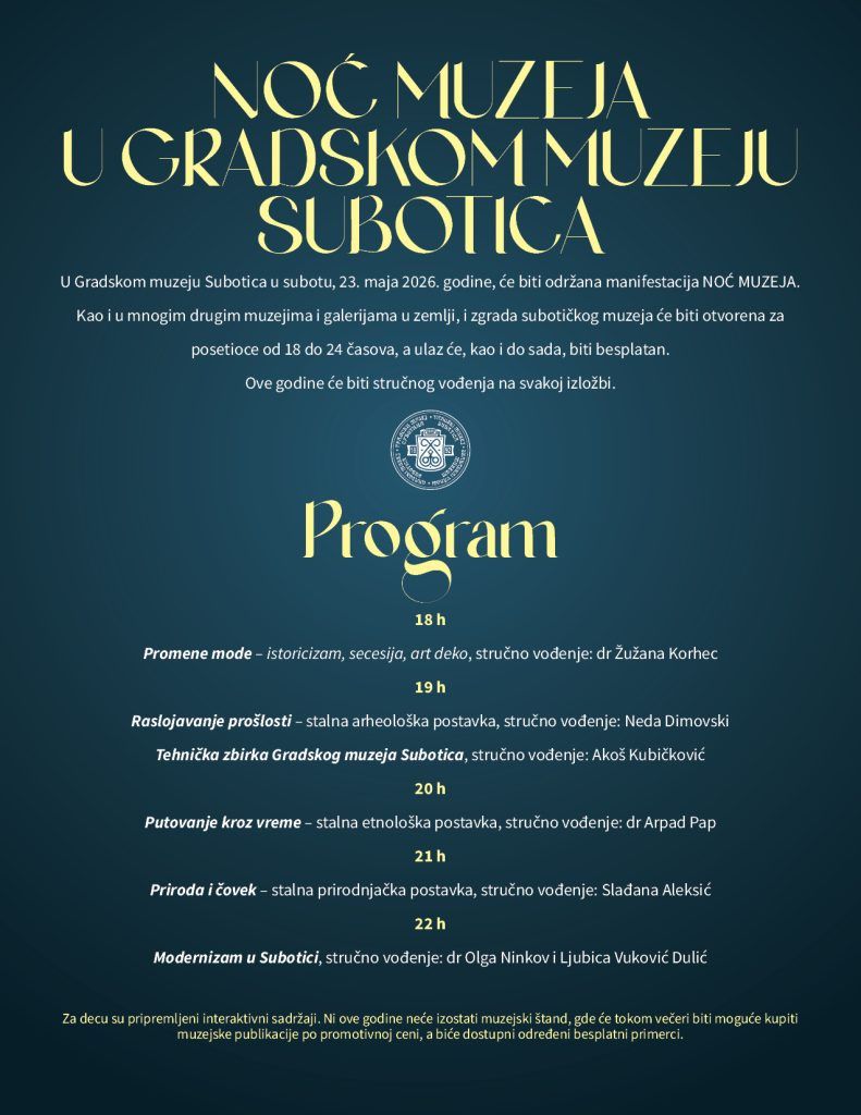 Detaljan program manifestacije evropska noć muzeja 2026. u Gradskom muzeju Subotica, ispisan zlatnim slovima na tamnoplavoj pozadini sa satnicom stručnih vođenja.