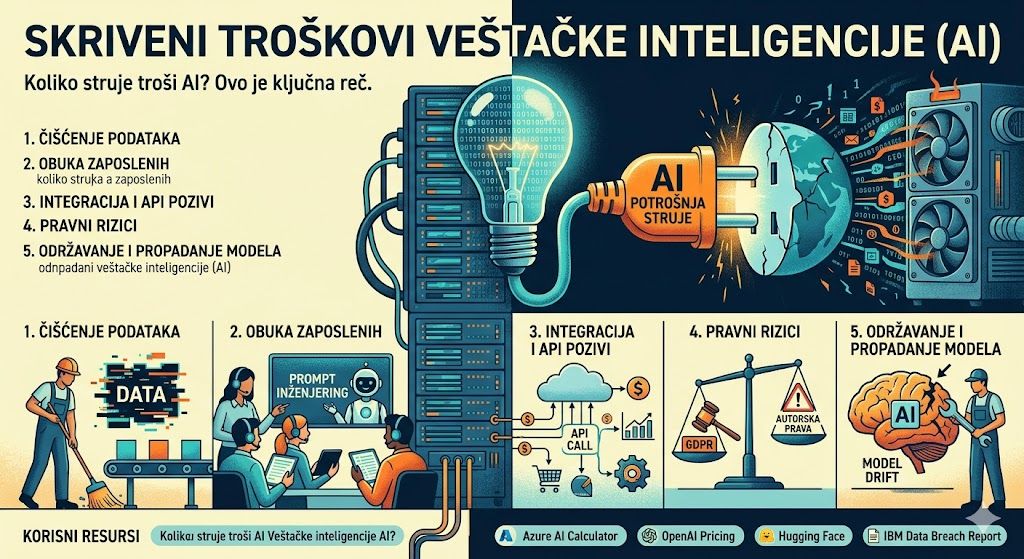 Infografika pod nazivom „Koliko troi struje AI? koja vizuelno povezuje tehnologiju i resurse. Na desnoj strani nalazi se velika utičnica koja napaja ljudski mozak pretvoren u globus, uz istaknutu ključnu reč „Koliko struje troši AI?“. Donji deo slike prikazuje pet ilustrovanih panela: proces čišćenja podataka, obuku zaposlenih (prompt inženjering), API integracije, pravne rizike sa vagom pravde i tehničko održavanje modela.