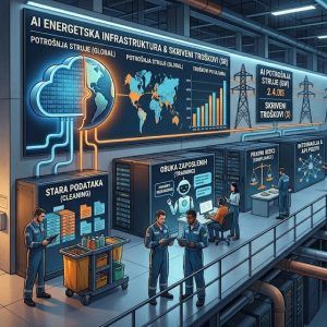 Prikaz unutrašnjosti modernog data centra sa nizovima serverskih ormara i inženjerima koji rade na održavanju. U fokusu je veliki digitalni ekran koji prikazuje energetsku infrastrukturu, mapu sveta i grafikone potrošnje pod naslovom „Koliko struje troši AI?“. Prostor je podeljen na funkcionalne zone kao što su „Stara podataka (Cleaning)“, „Obuka zaposlenih“ i robotska ruka koja radi na „Model Drift-u“, naglašavajući fizičku i energetsku kompleksnost AI sistema i odgovara na pitanje koliko struje troši AI?