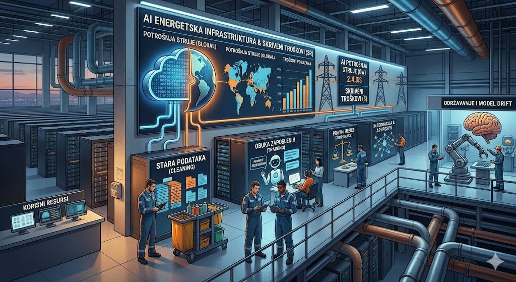 Prikaz unutrašnjosti modernog data centra sa nizovima serverskih ormara i inženjerima koji rade na održavanju. U fokusu je veliki digitalni ekran koji prikazuje energetsku infrastrukturu, mapu sveta i grafikone potrošnje pod naslovom „Koliko struje troši AI?“. Prostor je podeljen na funkcionalne zone kao što su „Stara podataka (Cleaning)“, „Obuka zaposlenih“ i robotska ruka koja radi na „Model Drift-u“, naglašavajući fizičku i energetsku kompleksnost AI sistema i odgovara na pitanje koliko struje troši AI?