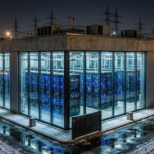 data centar noću sa redovima servera i svetlećim rackovima koji prikazuju energetsku infrastrukturu potrebnu za rad veštačke inteligencije
