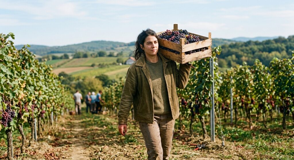 Berba grožda u Subotici: Beračica u vinogradu kod Subotice nosi drvenu gajbu punu grožđa na ramenu.Generisano sa AI
