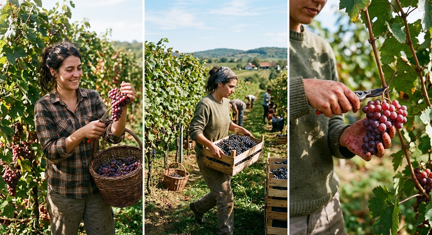 Fotografija sa tri panela koja prikazuje ženu beračicu grožđa u Subotici. Na lijevom panelu, ona drži grozd grožđa i smiješi se. Na srednjem panelu, hoda s sandukom punim grožđa. Na desnom panelu, krupni plan njenih ruku kako reže grožđe.Generisano sa AI