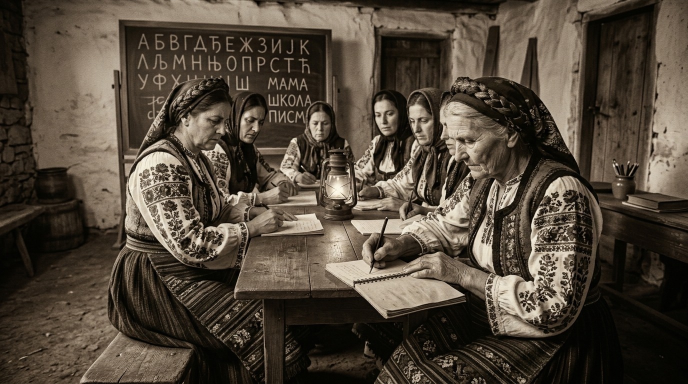 Žene i istorija pismenosti u Srbiji. Generisano sa AI Gemini